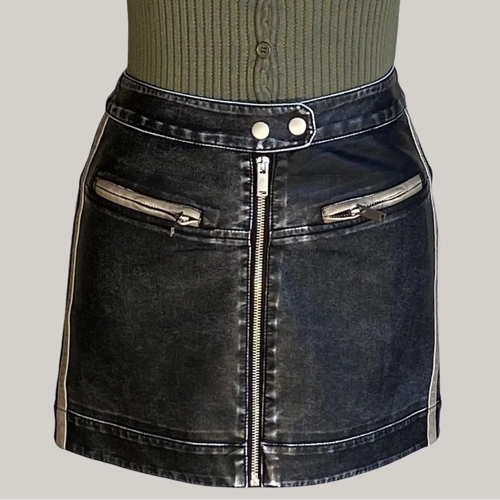 SO Black Washed Faux-Leather Zip Front Mini Skirt